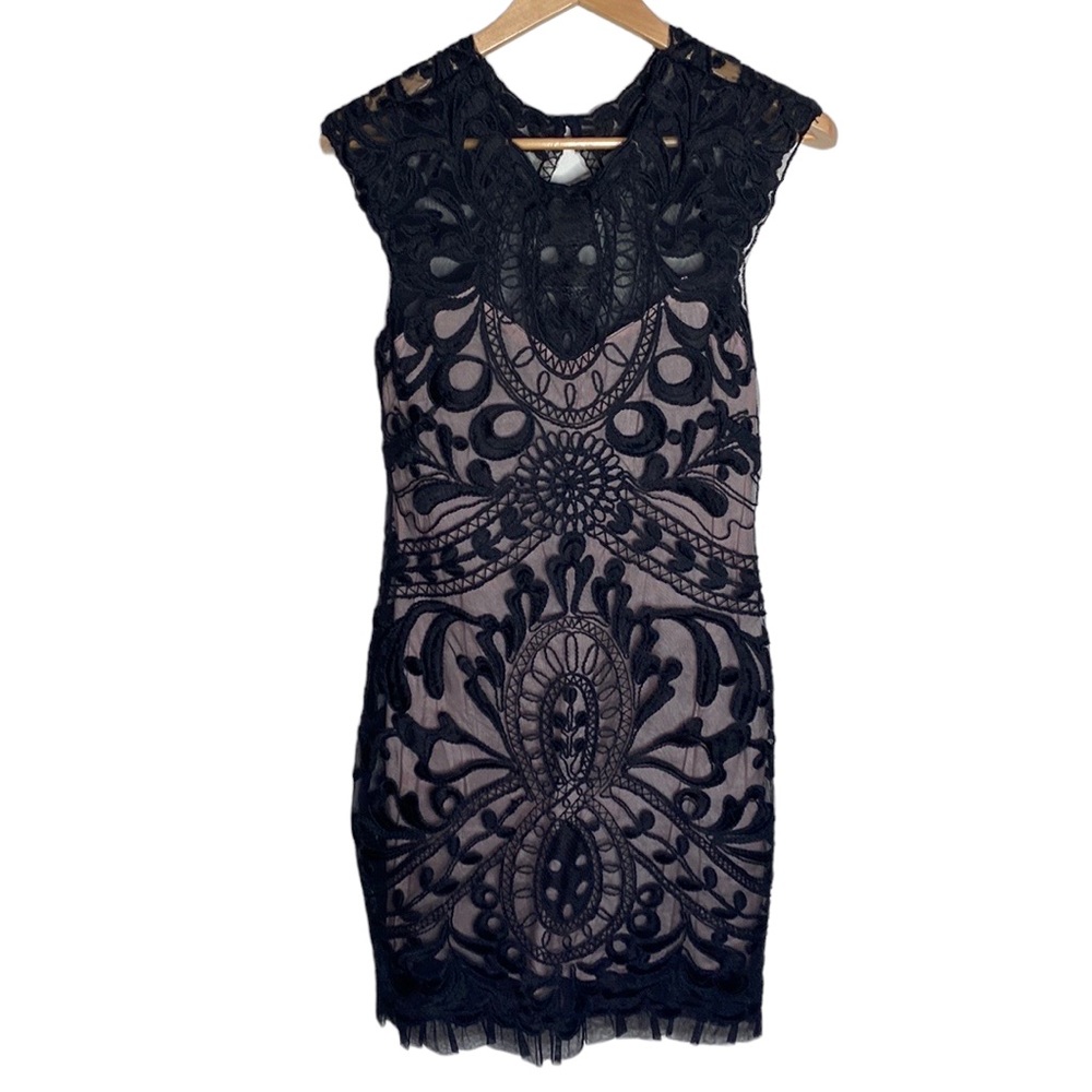 Yoana Baraschi Isadora black lace overlay nude shift dress size 6